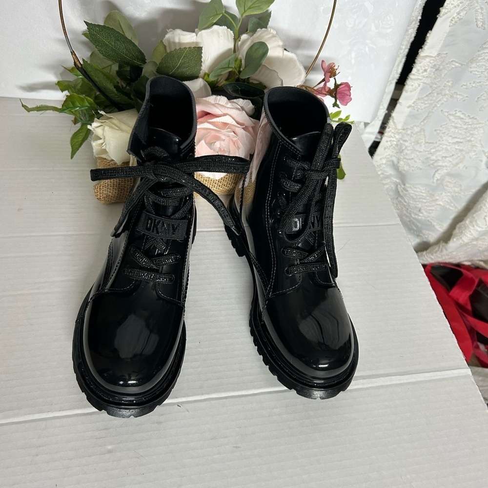 Black Patent Leather Lace-Up Boots